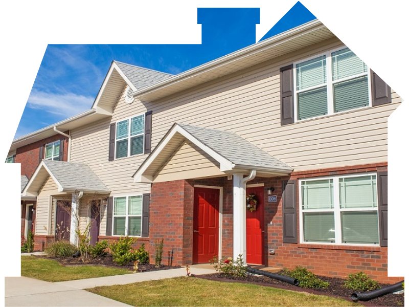An apartment community framed in a house outline